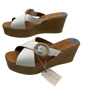Mila Paoli NEW 7.5 White Leather Wedge Sandals Gold Buckle Made In Italy Boho